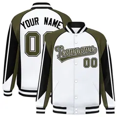 White Olive Raglan Color Block Varsity Letterman Jacket 1