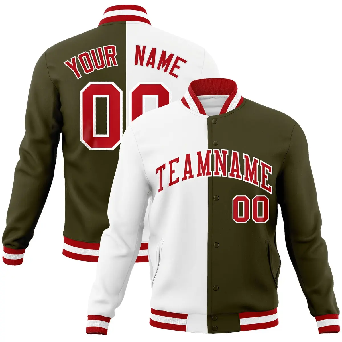 White Olive Red Split Varsity Full-Snap Letterman Jacket