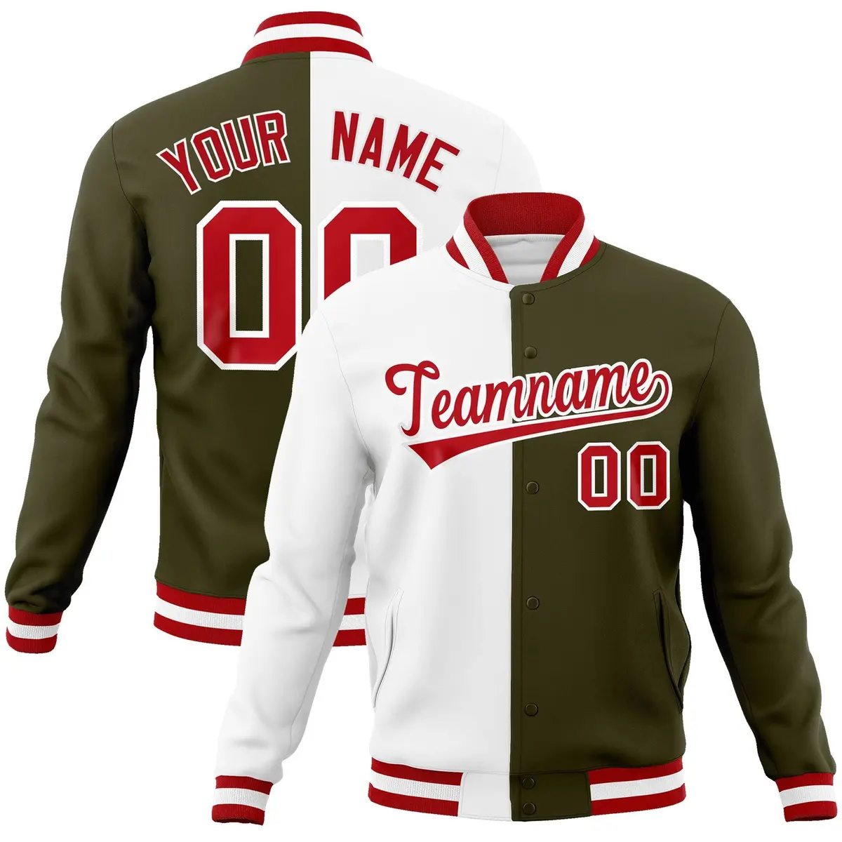 White Olive Red Split Varsity Full-Snap Letterman Jacket