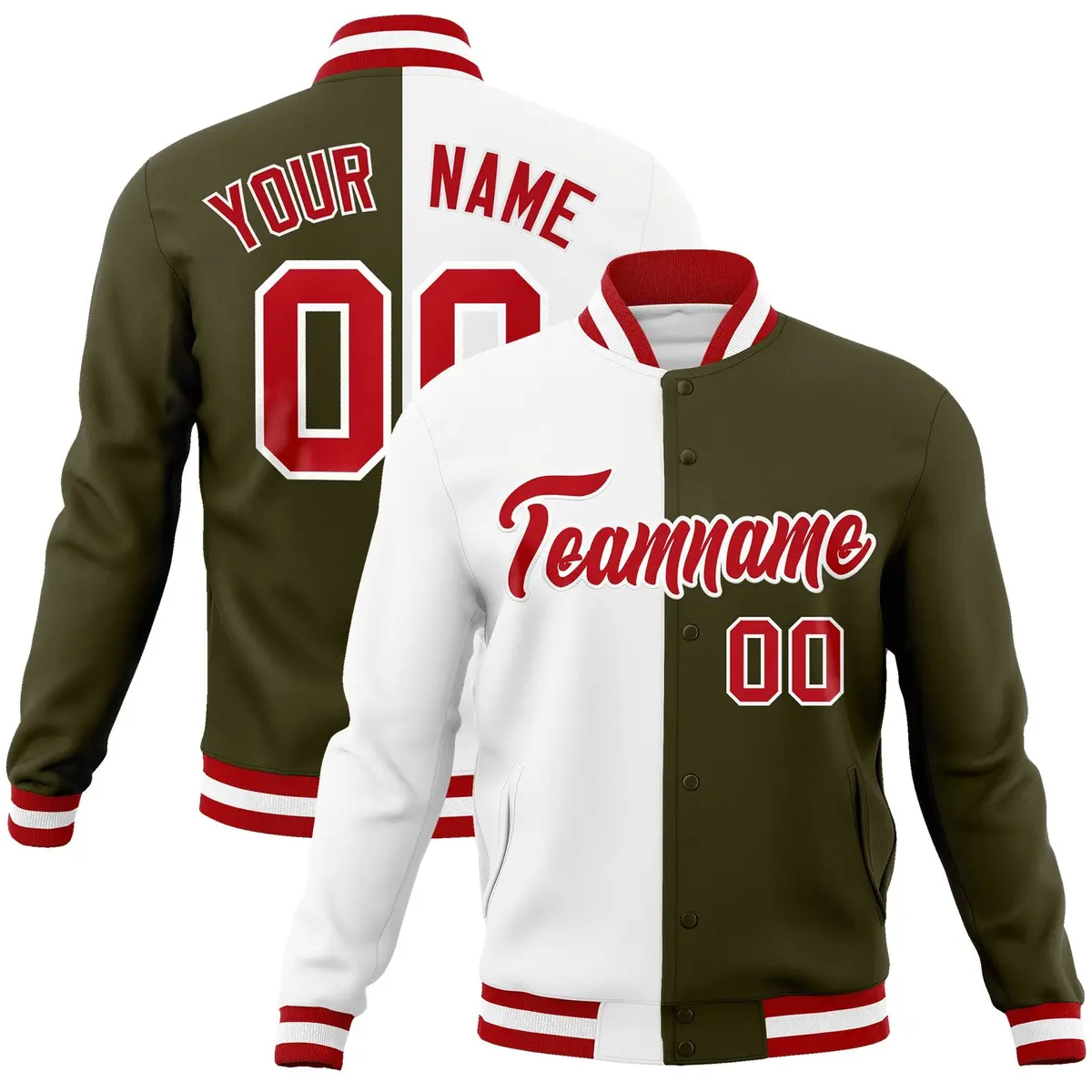 White Olive Red Split Varsity Full-Snap Letterman Jacket