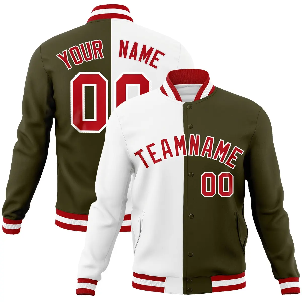 White Olive Red Split Varsity Full-Snap Letterman Jacket