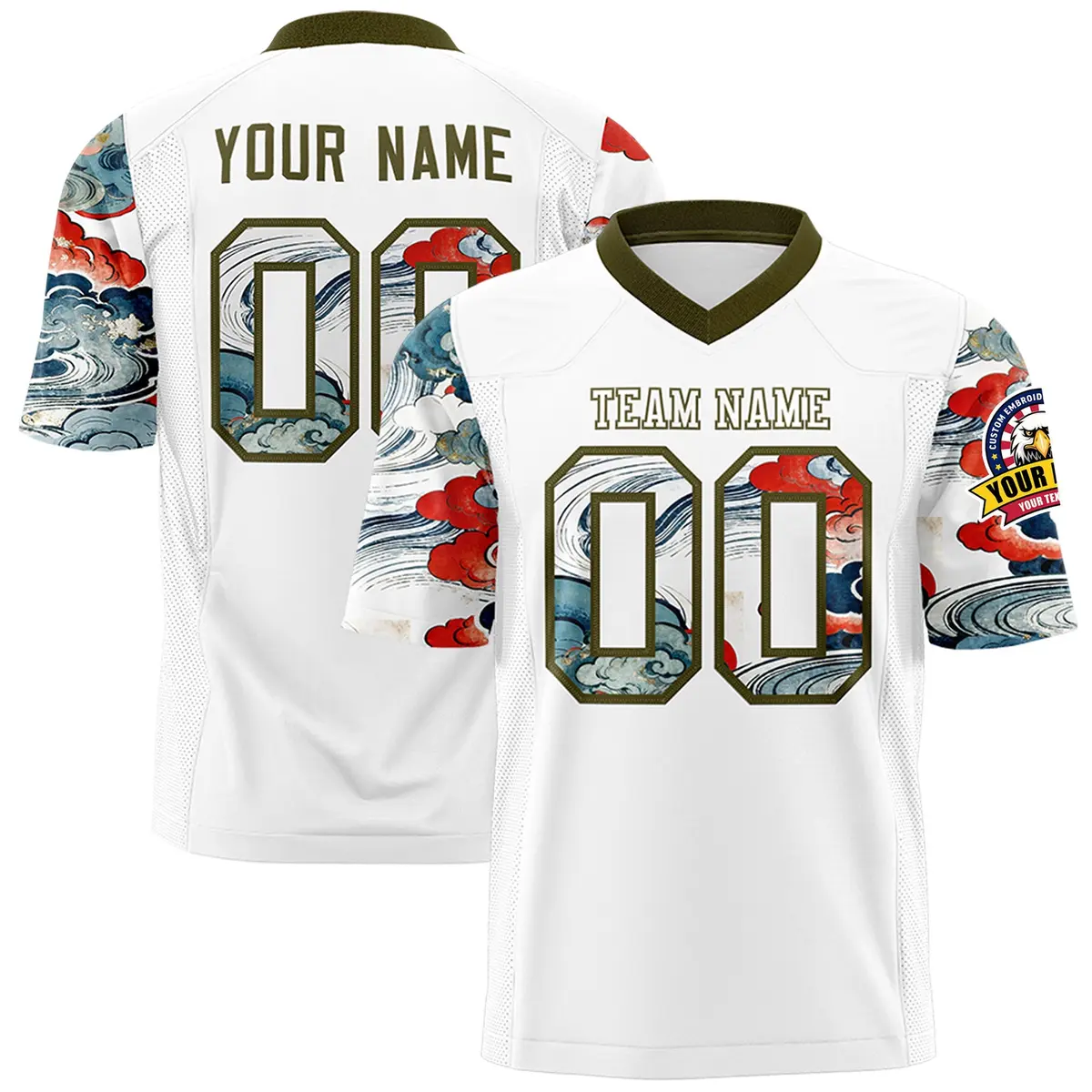 White Olive Sleeve Ukiyo-e Auspicious Clouds Graffiti Football Jersey