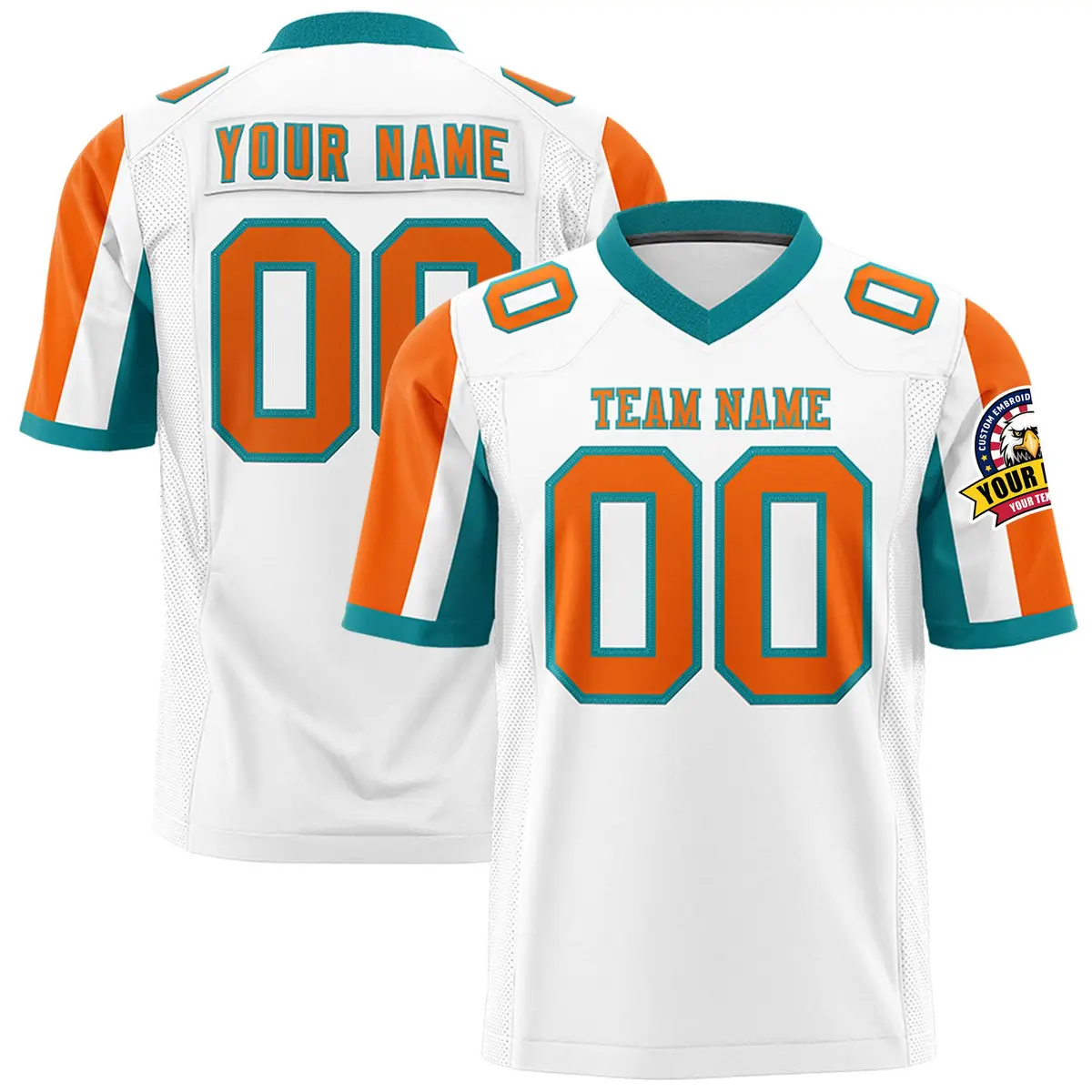 White Orange-Aqua Color Block Raglan Sleeves Football Jersey