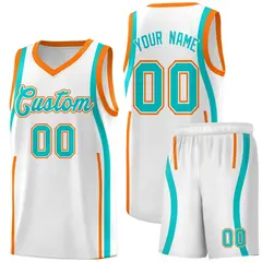White Orange-Aqua Ribbon Pattern Basketball Kits 1