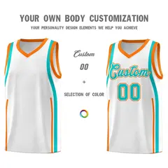 White Orange-Aqua Ribbon Pattern Basketball Kits 3