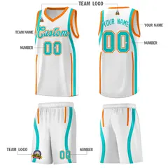 White Orange-Aqua Ribbon Pattern Basketball Kits 5