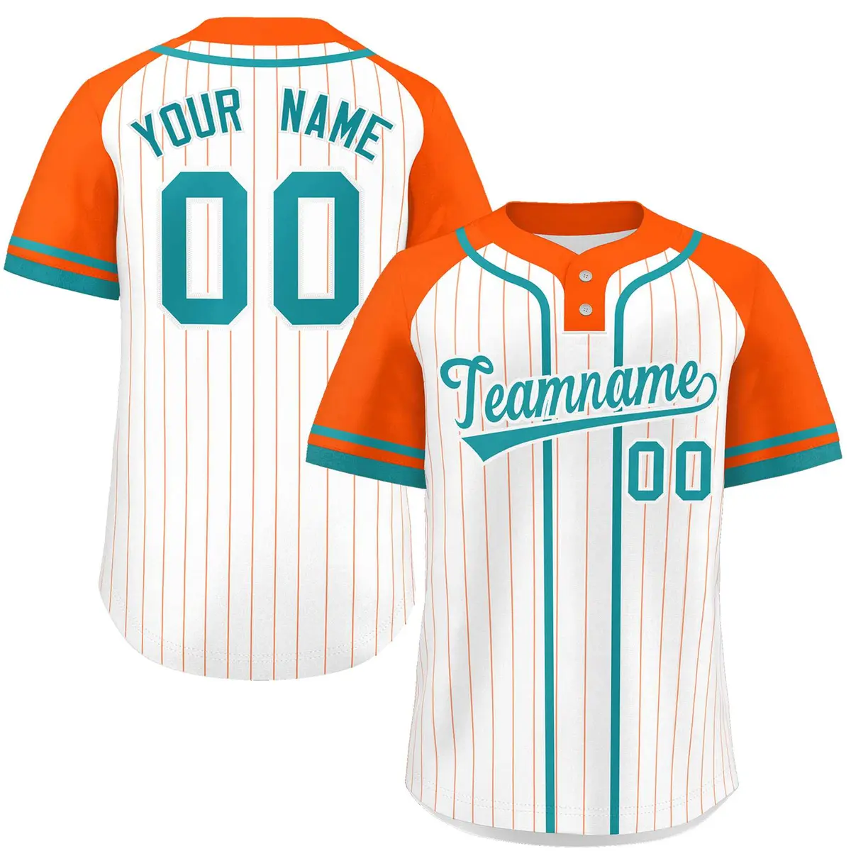 White Orange-Aqua Stripe Raglan Two-Button Softball Jersey