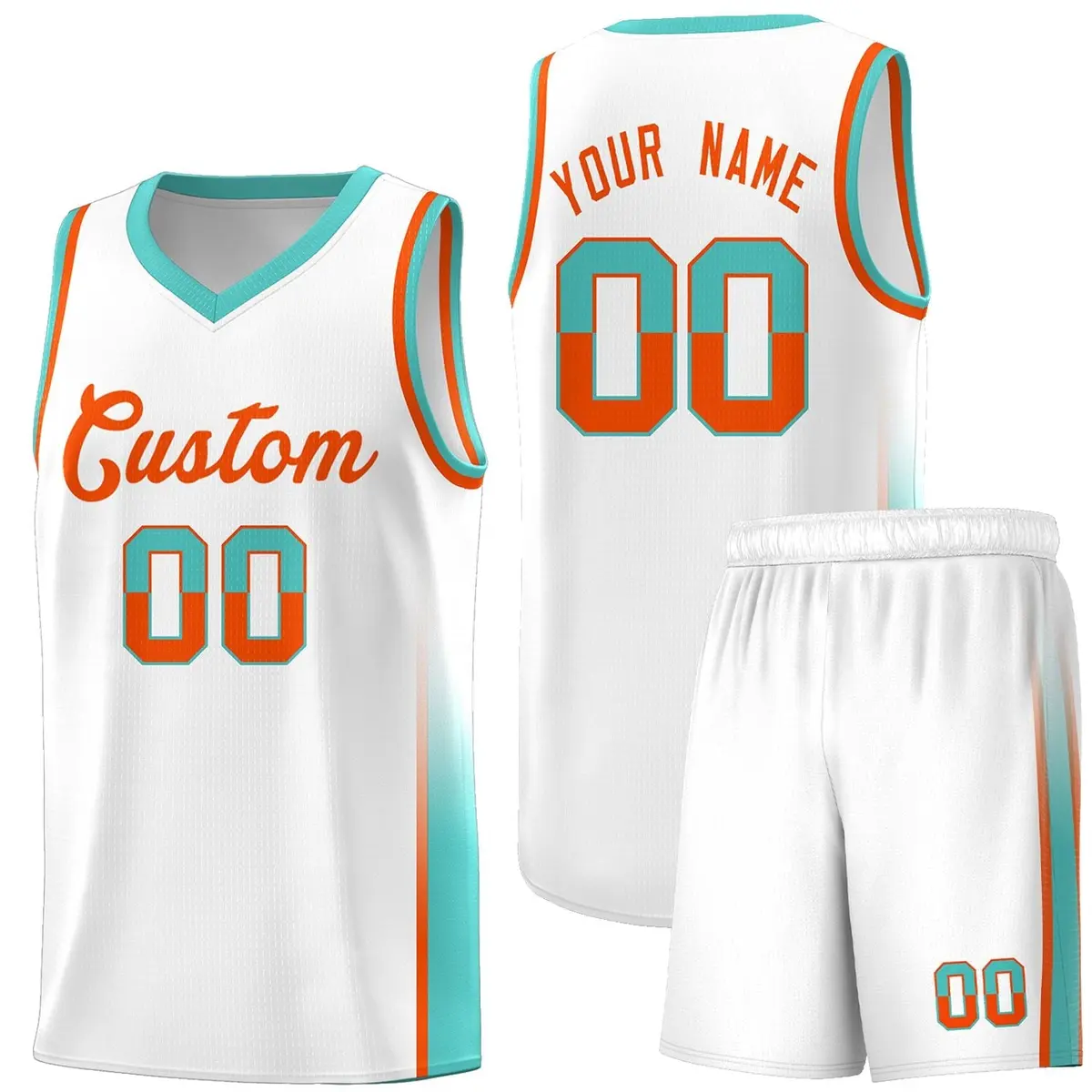 White Orange Aqua Two Tone Font Basketball Jersey