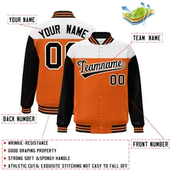 White Orange-Black Color Block Letterman Full-Snap Baseball Jacket 2