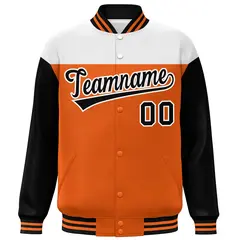 White Orange-Black Color Block Letterman Full-Snap Baseball Jacket 3