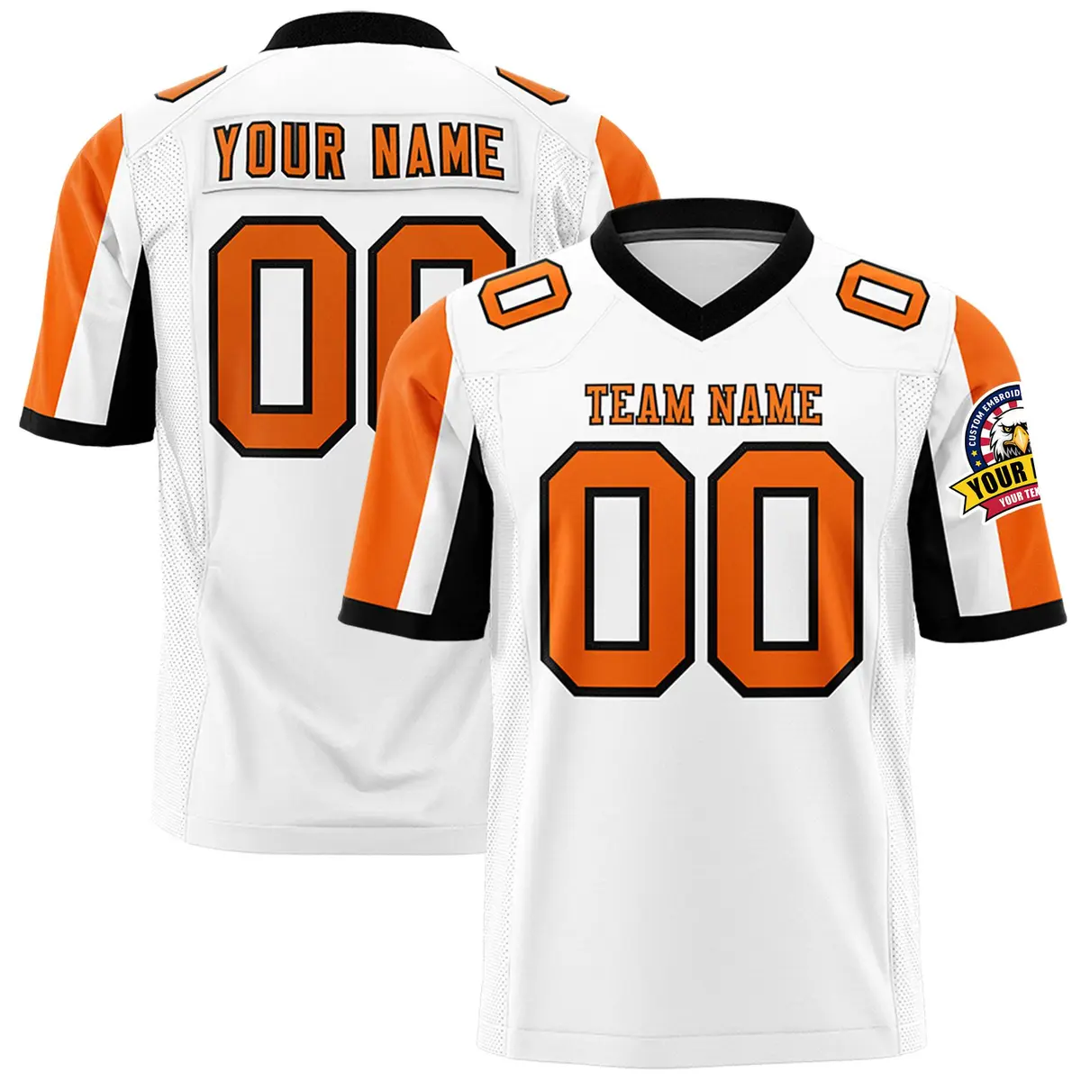 White Orange-Black Color Block Raglan Football Jersey