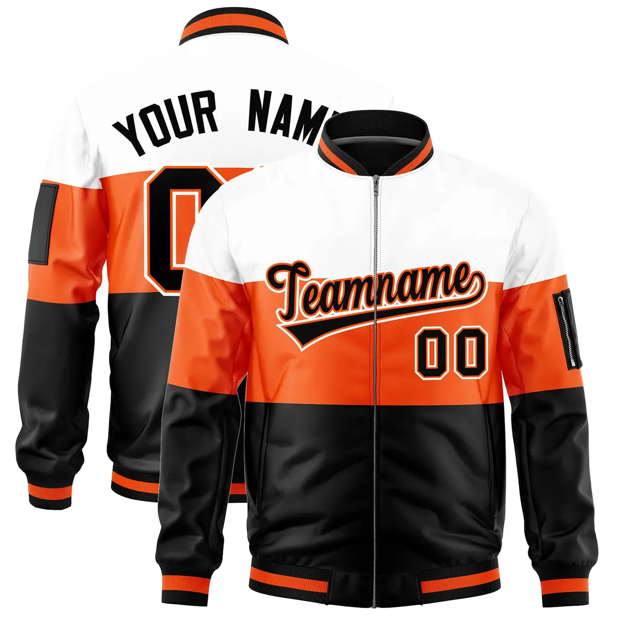 White Orange-Black Color Block Varsity Letterman Bomber Jacket