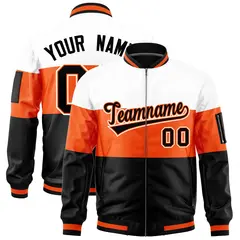 White Orange-Black Color Block Varsity Letterman Bomber Jacket 1