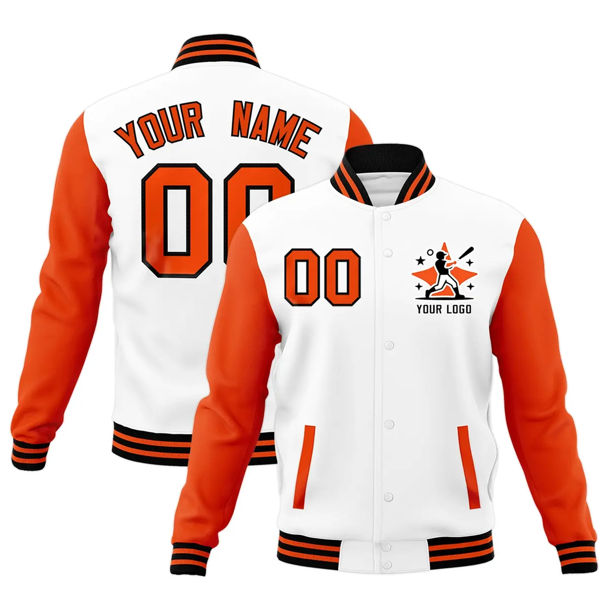 White Orange Black Raglan Sleeves Cotton Letterman Jacket
