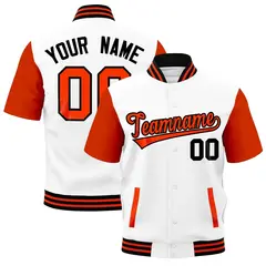 White Orange Black Short Sleeve Full-Snap Varsity Jacket 1
