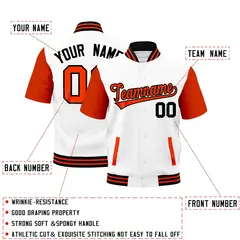 White Orange Black Short Sleeve Full-Snap Varsity Jacket 2