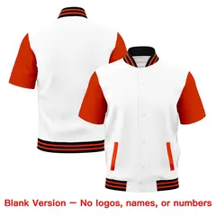 White Orange Black Short Sleeve Full-Snap Varsity Jacket 7
