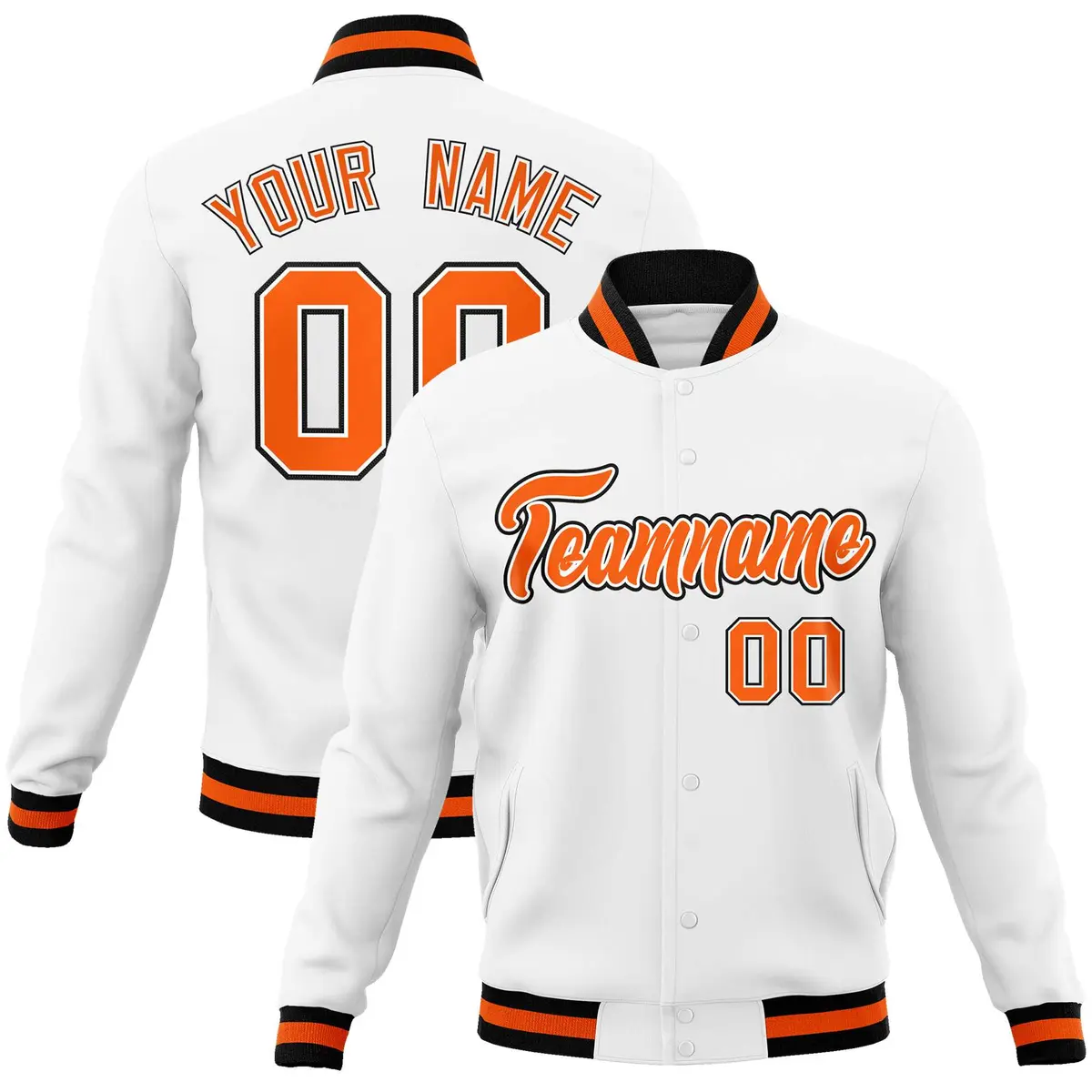 White Orange-Black Varsity Full-Snap Letterman Jacket