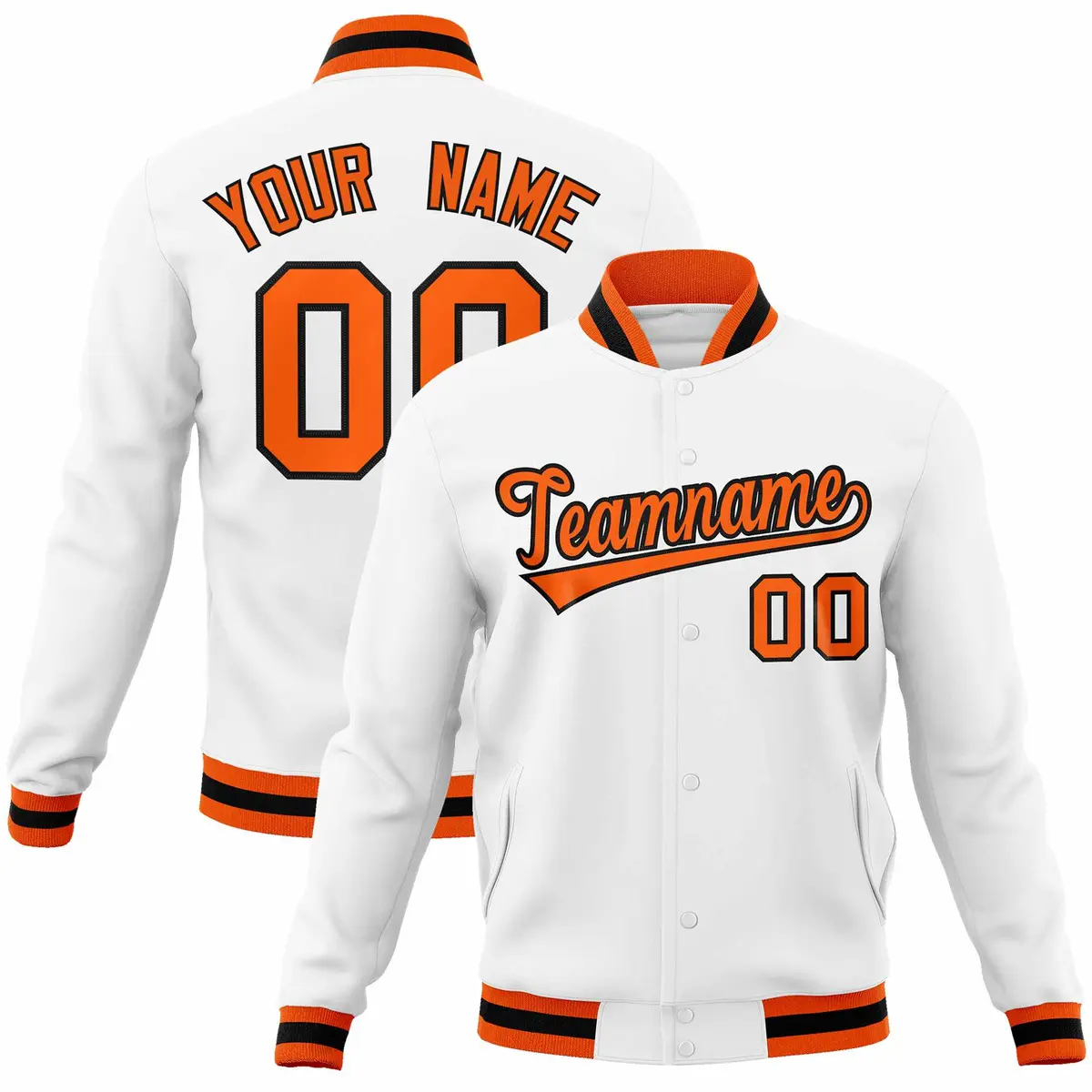 White Orange-Black Varsity Full-Snap Letterman Jacket