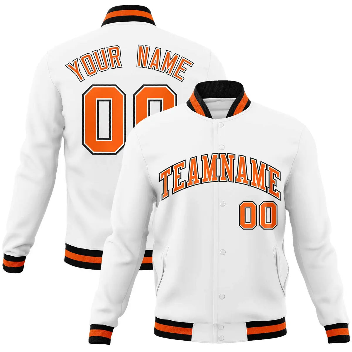 White Orange-Black Varsity Full-Snap Letterman Jacket