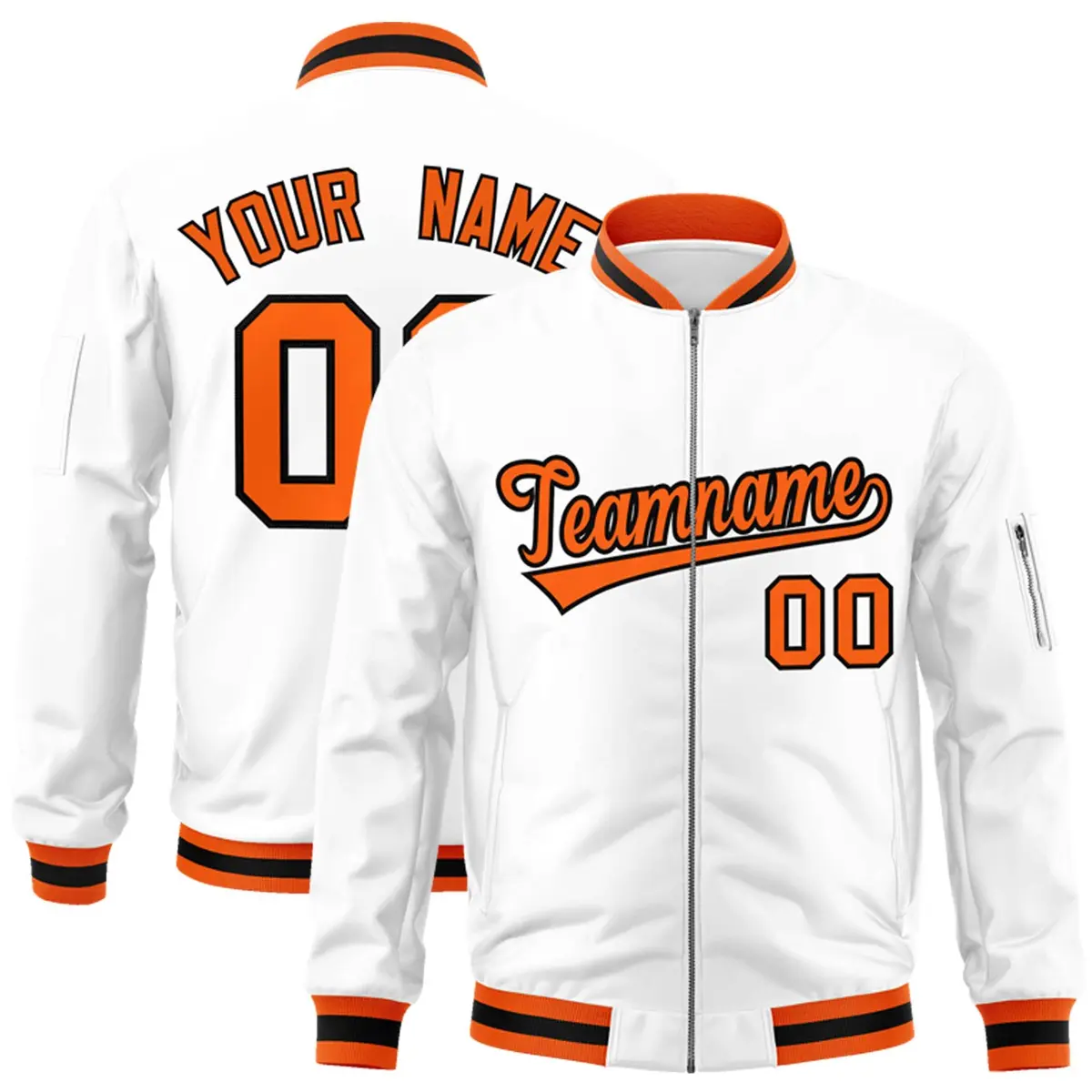 White Orange-Black Varsity Full-Zip Letterman Bomber Jacket