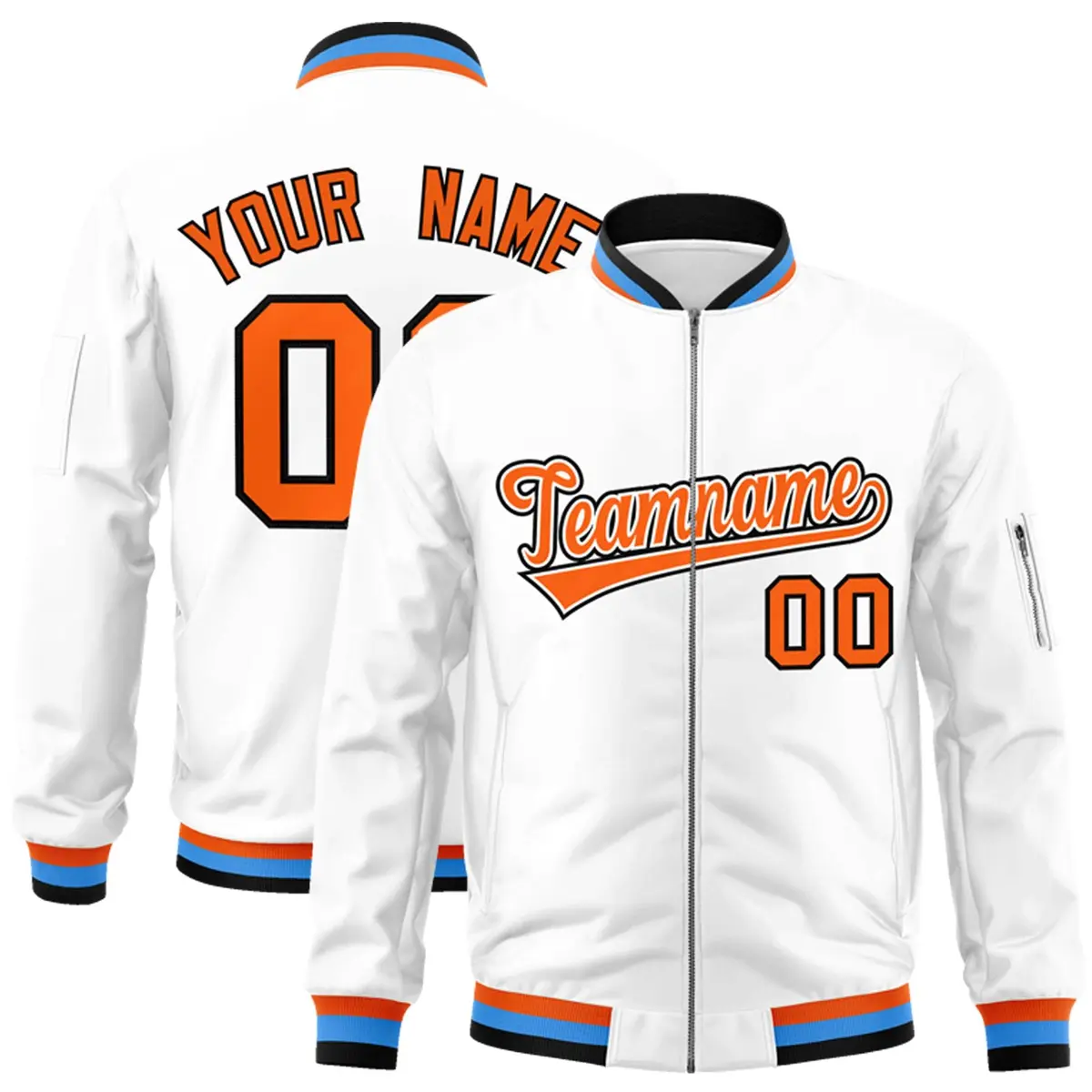 White Orange-Black Varsity Full-Zip Letterman Bomber Jacket