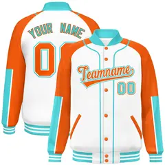 White Orange-Bright Green Raglan Full-Snap Letterman Baseball Jacket
