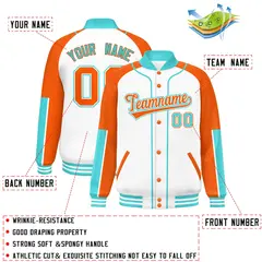 White Orange-Bright Green Raglan Full-Snap Letterman Baseball Jacket 2