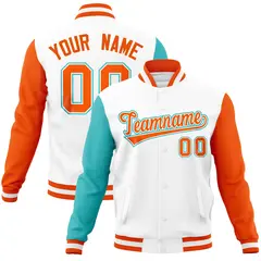 White Orange-Bright Green Raglan Full-Snap Varsity Letterman Jacket