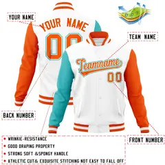 White Orange-Bright Green Raglan Full-Snap Varsity Letterman Jacket 4
