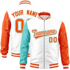 White Orange-Bright Green Varsity Full-Zip Raglan Letterman Bomber Jacket 1