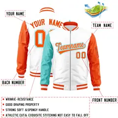 White Orange-Bright Green Varsity Full-Zip Raglan Letterman Bomber Jacket 2