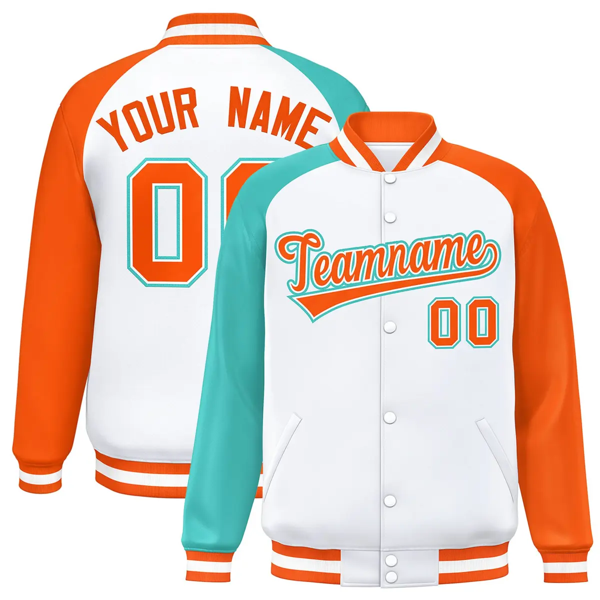 White Orange-Bright Green Varsity Raglan Letterman Bomber Jacket