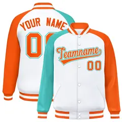 White Orange-Bright Green Varsity Raglan Letterman Bomber Jacket 1