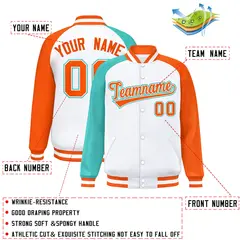 White Orange-Bright Green Varsity Raglan Letterman Bomber Jacket 2