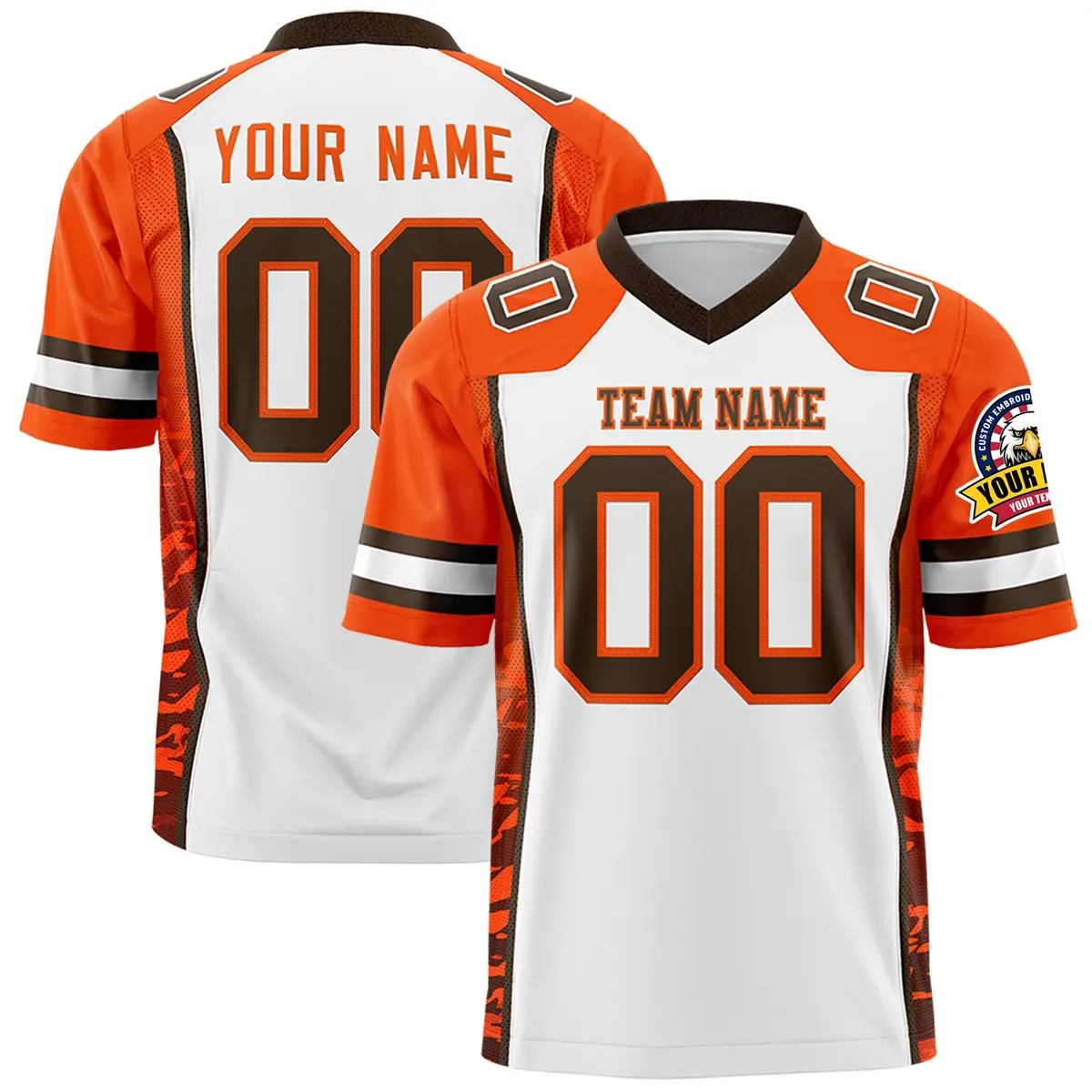 White Orange-Brown Raglan Side Pattern Football Jersey