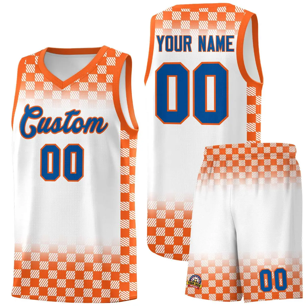 White Orange Classic Plaid Basketball Uniform Jersey