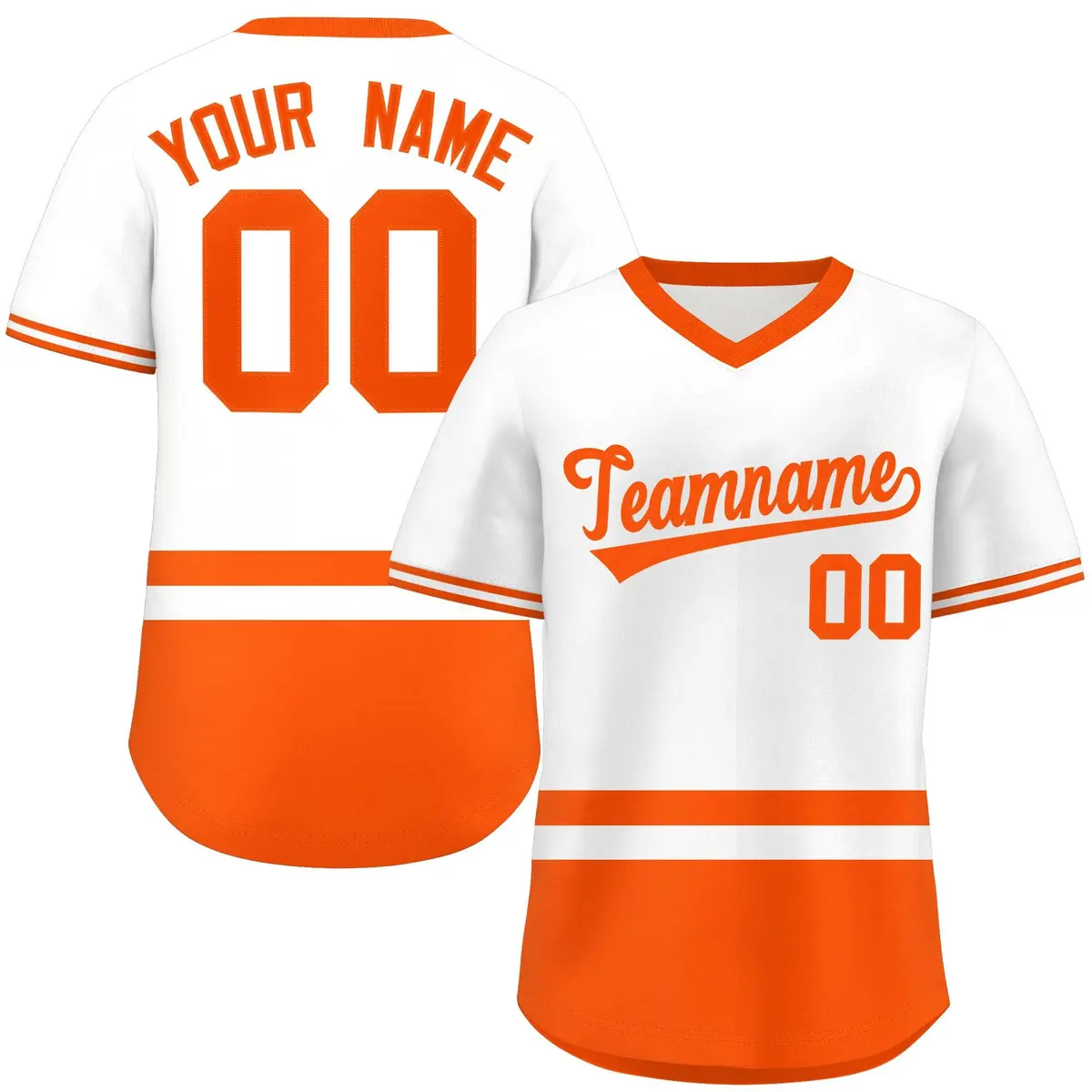 White Orange Color Block V-Neck Pullover Baseball Jersey