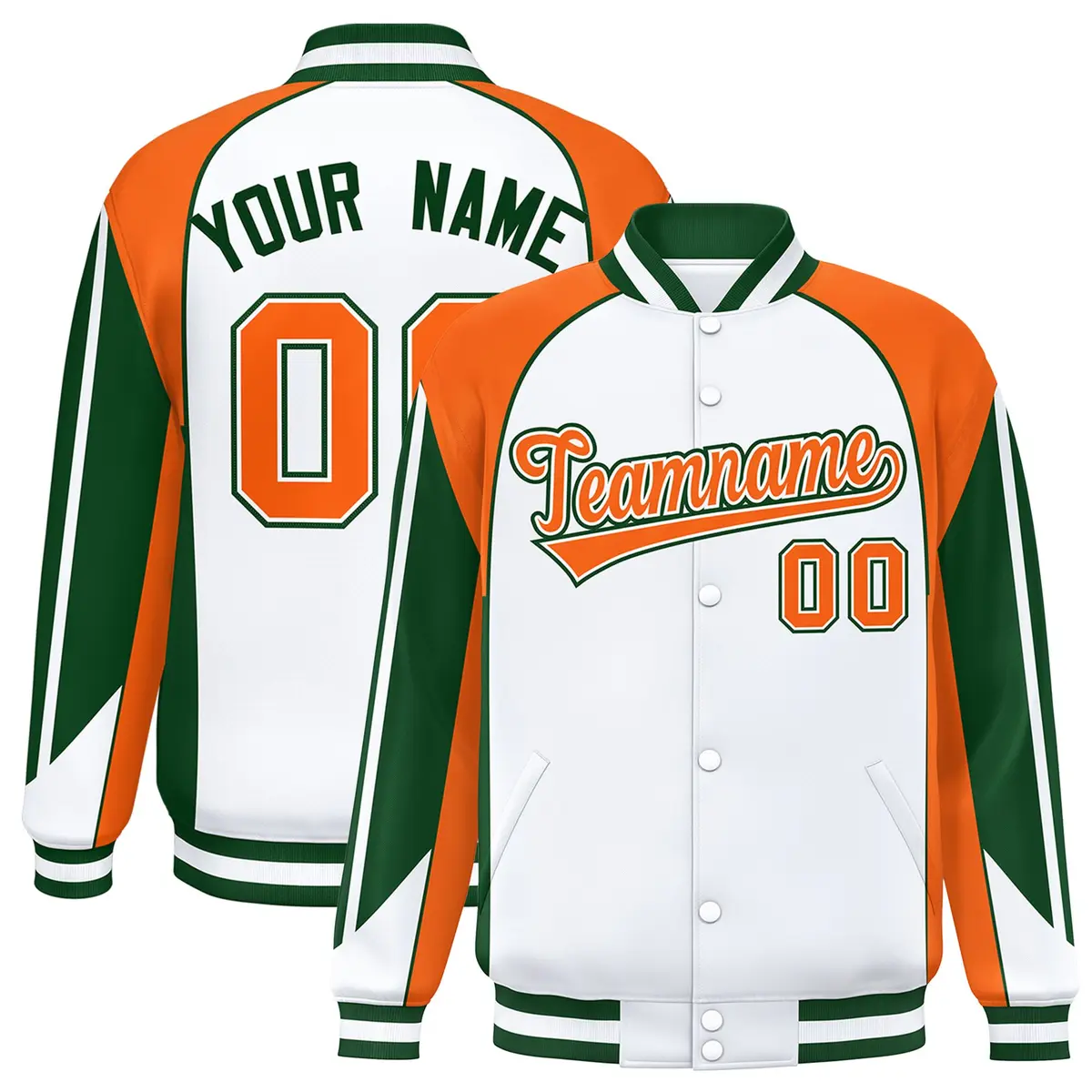 White Orange Color Block Varsity Raglan Letterman Jacket