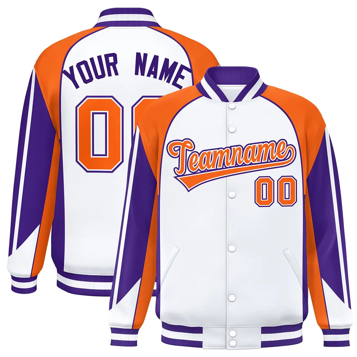 White Orange Color Block Varsity Raglan Letterman Jacket