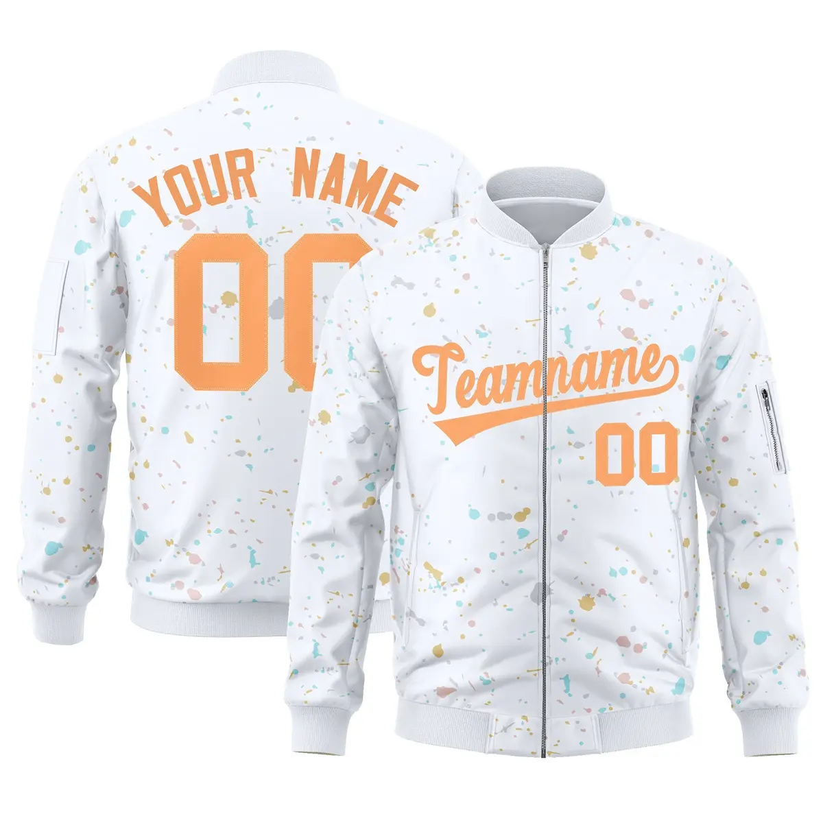 White Orange Full-Zip Graffiti Splash Varsity Letterman Jacket