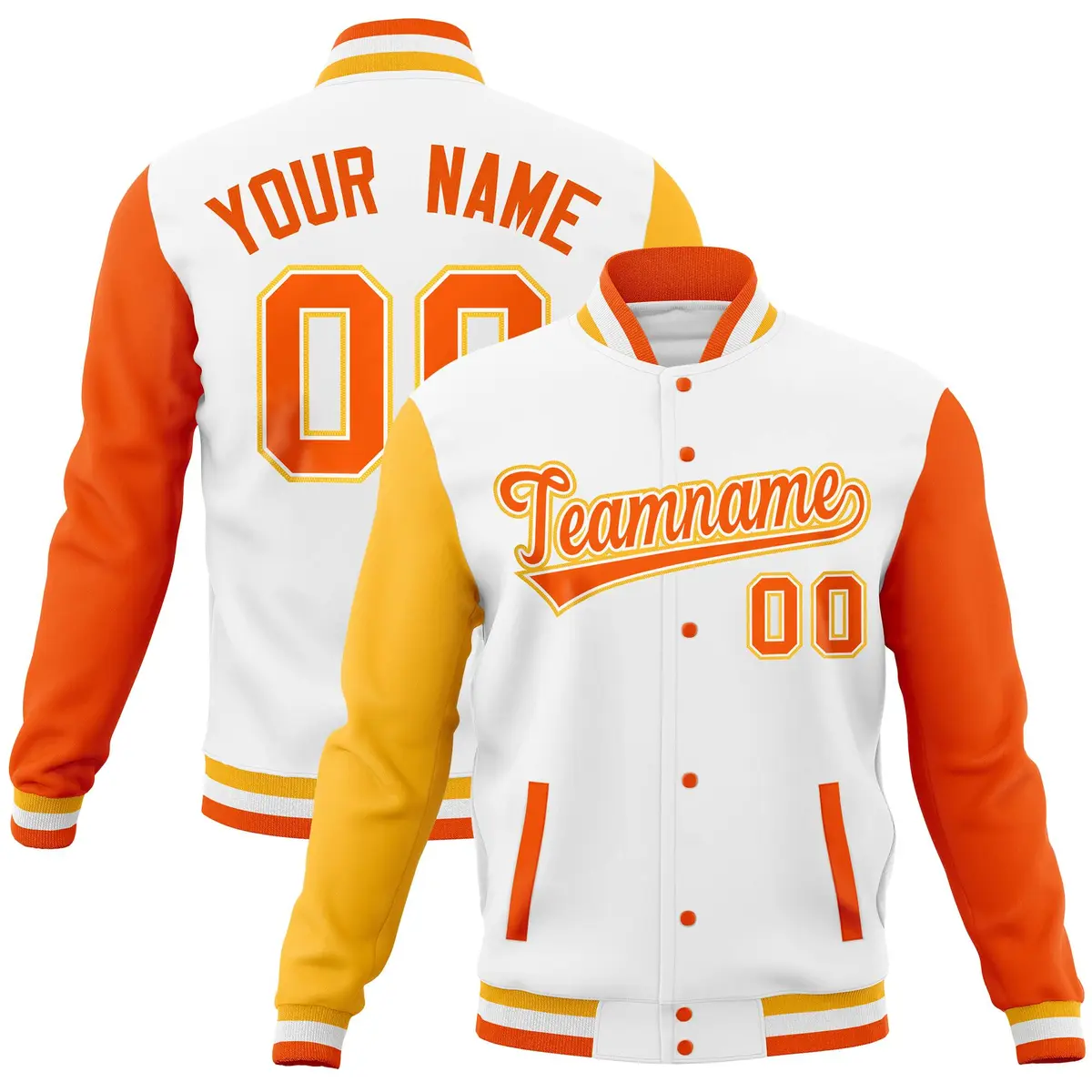 White Orange-Gold Full-Snap Raglan Varsity Letterman Jacket