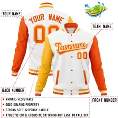 White Orange-Gold Full-Snap Raglan Varsity Letterman Jacket 4