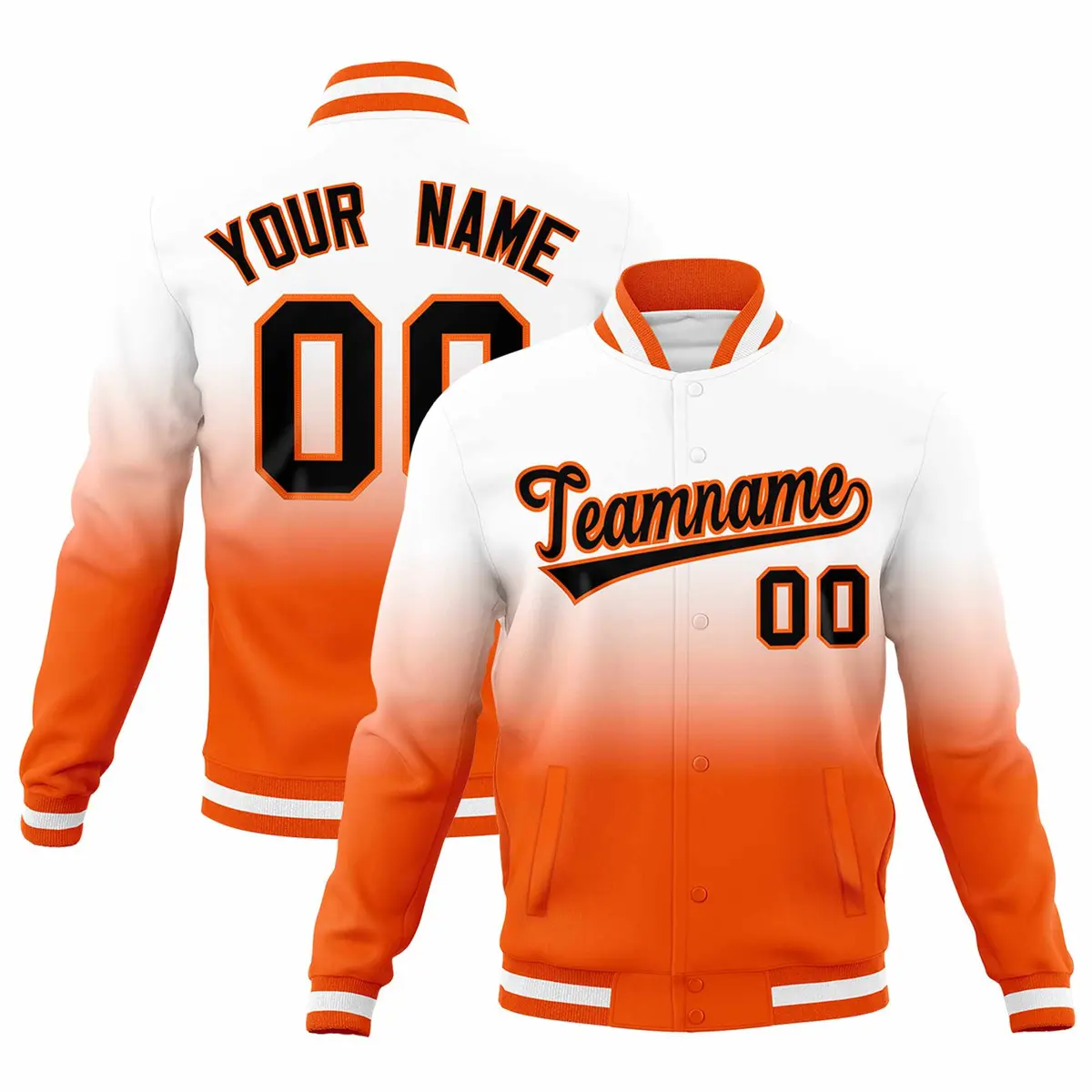 White Orange Gradient Full-Snap Varsity Letterman Jacket