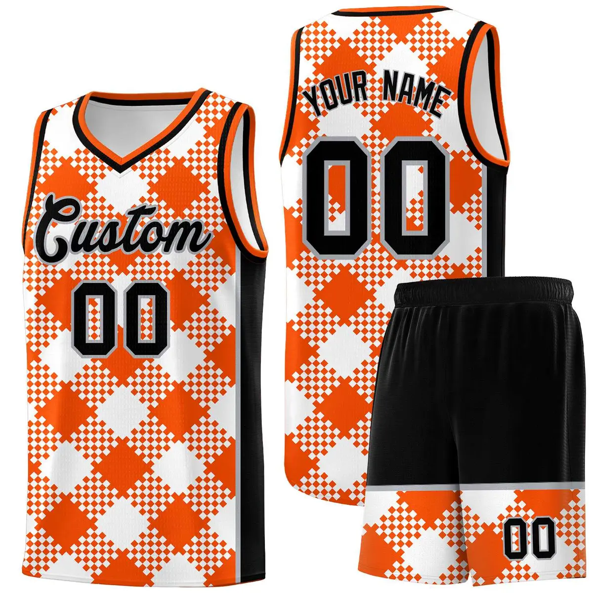 White Orange-Gray Grid Basketball Kits For Team