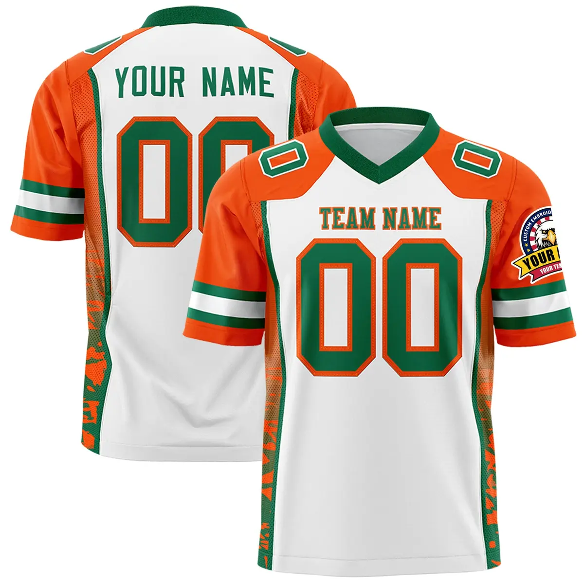 White Orange-Kelly Green Raglan Side Pattern Football Jersey