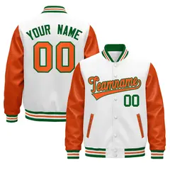 White Orange Kelly Green Varsity Full-Snap Letterman Jacket Raglan Leather Sleeves 1