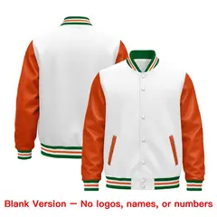 White Orange Kelly Green Varsity Full-Snap Letterman Jacket Raglan Leather Sleeves 5