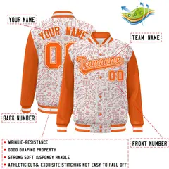 White Orange Line Graffiti Pattern Varsity Raglan Letterman Jacket 2
