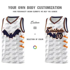 White Orange Navy Bat Pattern Halloween Basketball Jersey 3